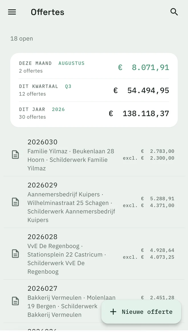 Het offertescherm van Flip op een telefoon: bovenaan de omzet per maand, kwartaal en jaar, daaronder de openstaande offertes per klant met bedrag.